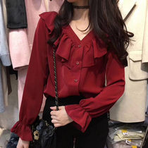 2021 spring and autumn sweet and beautiful snowspun shirt irregular lotus leaf edge loose big code 100 lap slightly fat super fairy net red blouse