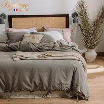 Bylure light extravagant cotton embroidery strap simple solid color four-piece bed Cassar four-piece summer bedding