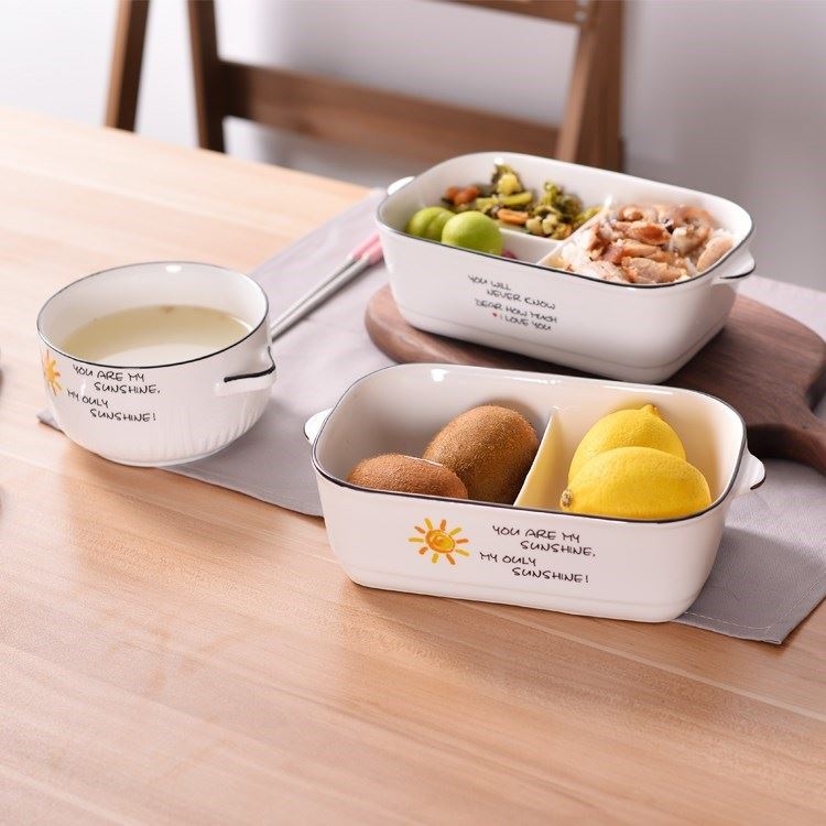 With cover space ceramic lunch box, the microwave for two or three points bento lunch box rectangle sealing bowl