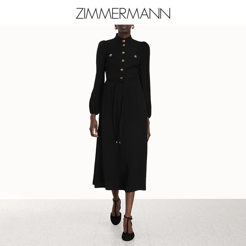 Zimmermann秋季新款 工装风格黑色长袖中长款连衣裙