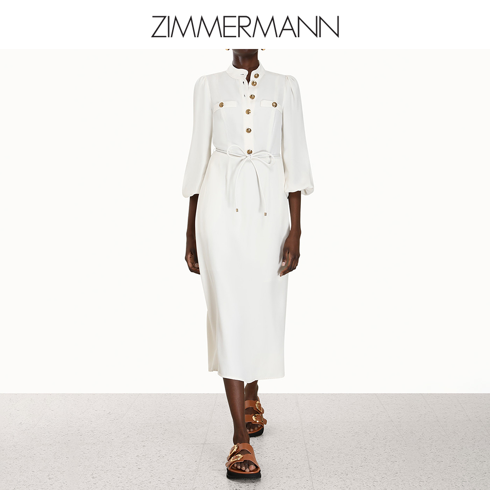 Zimmermann秋季新款 工装风格奶油色连长袖中长款连衣裙