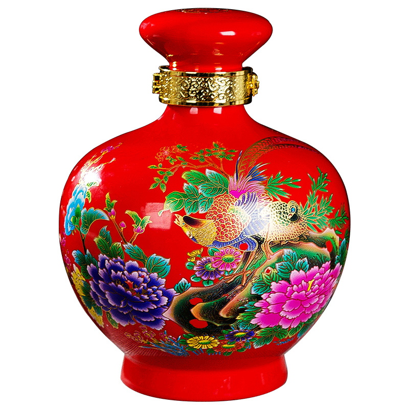 Jingdezhen color bottle 5 jins of the loaded with lock seal peony red mushroom shape thickening the empty wine jars