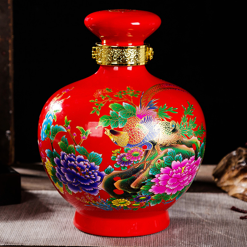 Jingdezhen color bottle 5 jins of the loaded with lock seal peony red mushroom shape thickening the empty wine jars