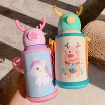 Antler childrens thermos cup with straw 316 stainless steel water cup Womens summer portable strap cup cover kettle