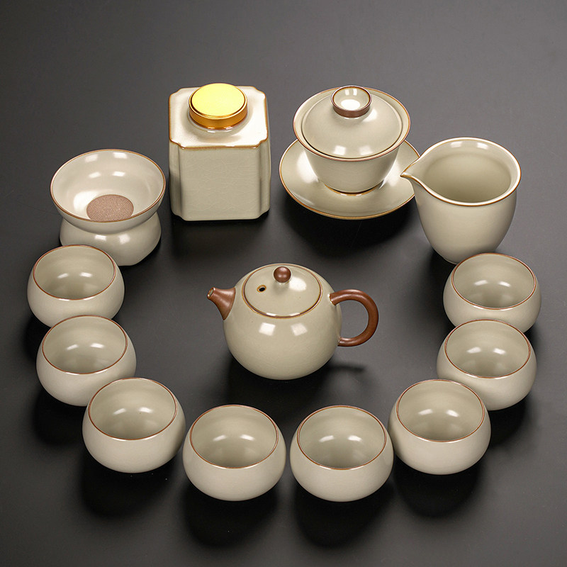 黄汝窑中式功夫茶具套装景德镇瓷器高级感复古茶壶茶杯