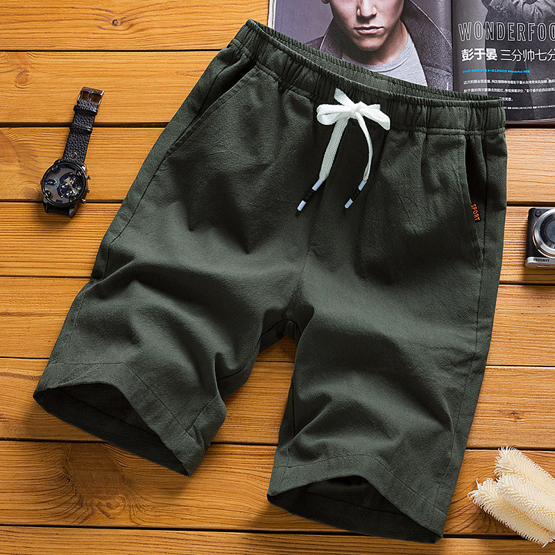 Linen shorts male large size Chinese wind pure color straight beach five pants youth summer thin section cotton linen trousers tide (20518:6145171:size:2XL;1627207:3232483:color:ArmyGreen)