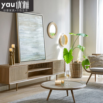 Nordic solid wood rattan woven small apartment creative TV cabinet Modern simple Nordic solid wood household living room floor cabinet table