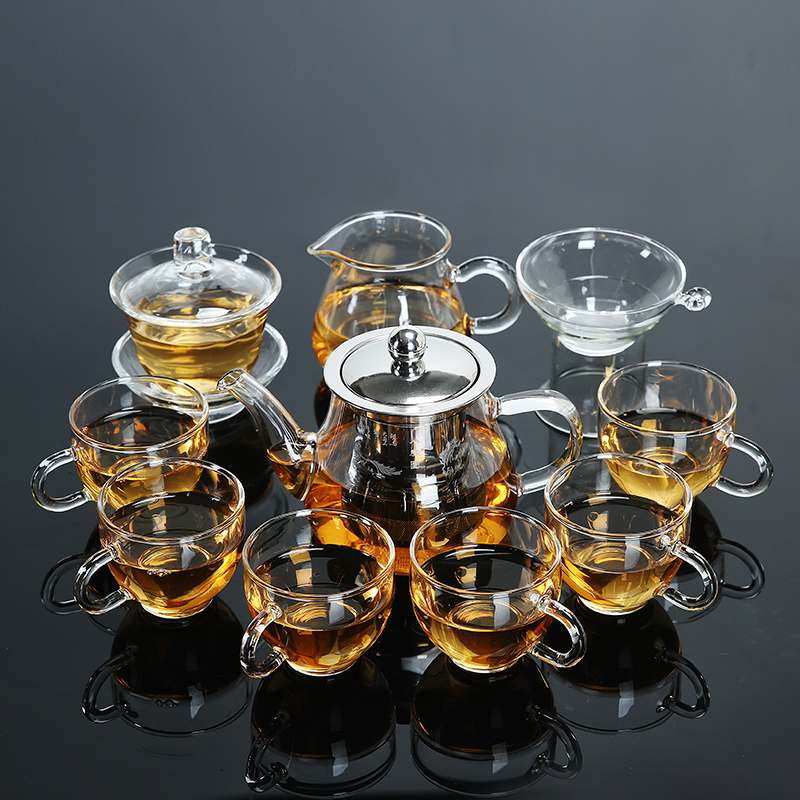 Transparent kung fu tea cup teapot glass tea set suit household double - layer cup of black tea tea to implement a complete set of the teapot