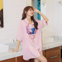 Pink Shirt Ice Silk Sleepwear Womens Summer 2021 New Web Red Pops In the Long Lining Sexy Silk Sleeping Dress