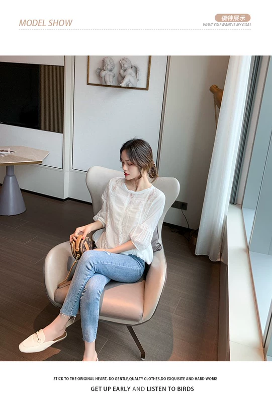 Áo sơ mi voan ngắn tay hàng đầu của phụ nữ mùa hè 2020 mới phong cách nước ngoài đèn lồng tay áo sơ mi ren đầu - Áo sơ mi chiffon ren