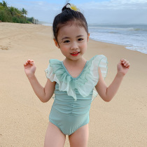 New ins Wind childrens swimsuit cute mesh sleeve conjoined little Princess 2021 girls resort style Hot Spring