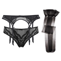 Sexy lace black temptation female garter suit suspender panties European and American stockings vintage transparent panties large size