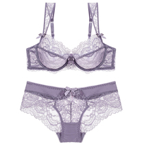 French lace gathered bra set Ultra-thin large size underwear womens transparent mesh summer sexy bra