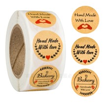 500 Rolls Kraft Paper Round Stickers Love Handmade Bakery Cake Packaging Decoration Label Seal