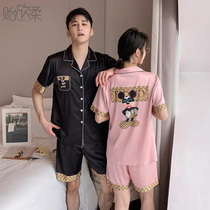 Musin soft couple's pajamas silk silk in summer silk with short sleeves Black Mickey home clothes men and women suit