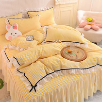 Little Red Book recommended bed podium four-piece set with double lace non-slip cotton Princess wind naked girl Plaid
