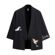 men's antique cotton linen sleeve loose crane embroidered cardigan chinese style dress coat