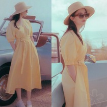 Star Liu Yifei Guli Nazha the same summer thin and medium-length retro puff-sleeved yellow short-sleeved dress