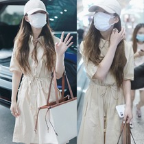 Summer new star Zhao Lusi the same cotton shirt dress womens mid-length short-sleeved lace waist is thin