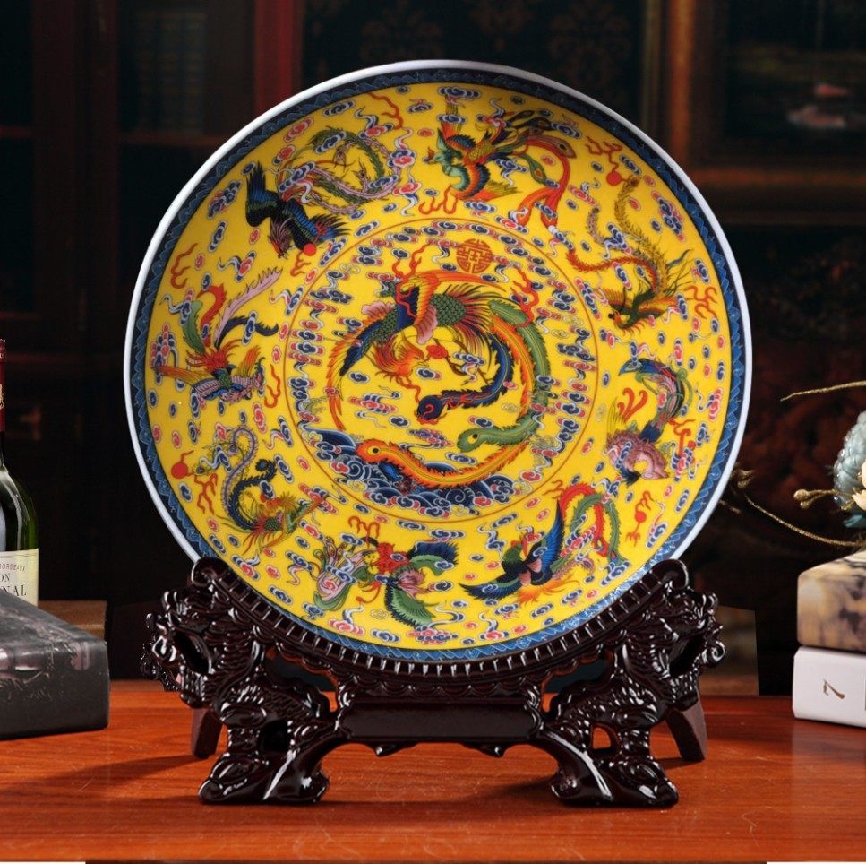 珐琅彩紫禁龙凤赏盘景德镇陶瓷九凤盘挂盘送礼摆件紫金龙凤聚宝盆