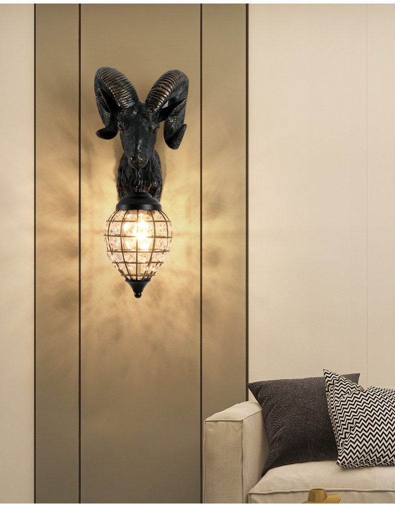美式动物羊头壁灯客厅玄关别墅酒吧个性创意北欧乡村羊角灯装饰灯