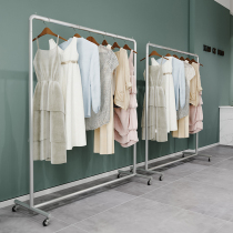 Stainless steel clothing store display frame landing hanging garment frame girls single rod stainless stainless clothing shelves special mobile belt wheel