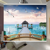 Curtain hanging painting Sea view balcony background Office living room Bedroom shading heat insulation free perforated lifting roller curtain