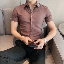 Summer dress new ribbon striped shirt men Korean slim British short sleeve shirt solid color short sleeve shirt men size