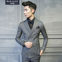 Double-breasted suit suit mens three-piece Korean version of the vertical stripe British style slim suit mens wedding dress