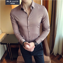 2019 spring new shirt mens British solid color shirt Korean slim non-perm anti-wrinkle slip material long-sleeved shirt