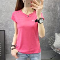 Short-sleeved womens summer quick-drying clothes V-neck leisure sports T-shirt Stretch Slim perspiration sweat breathable quick-drying semi-sleeve women