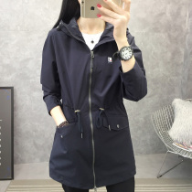 Trench coat womens spring and autumn thin cardigan hooded windproof jacket long waist casual sportswear womens top