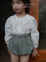 First Warmth 2022 Autumn Method Girls Rework Embroidered Dolls Collar White Shirt Blouses Mint Green Knit Cardiovert
