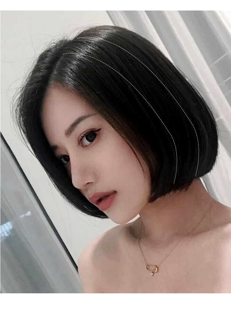 假发女短发真人发丝偏分波波头斜刘海短发圆脸发型中分自然全头套