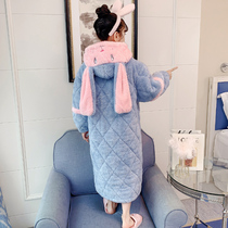 Childrens autumn and winter coral velvet robe thickened cotton girl flannel girl long lake blue bathrobe