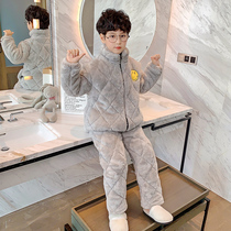 Childrens pajamas winter thickened boy flannel three-layer cotton plus velvet middle-aged children coral velvet gray home wear
