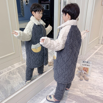 Childrens pajamas in winter thickened boy flannel three-layer cotton plus velvet middle-aged children coral velvet yellow home clothing
