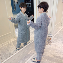 Childrens pajamas winter thickened boy flannel three-layer cotton plus velvet middle-aged children coral velvet gray-blue home clothing
