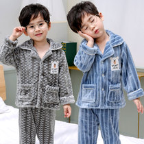 Flannel children Boy pajamas autumn and winter boys baby home clothes middle and big children long sleeve thick coral velvet suit