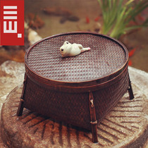Rattan-knitted tea set containing tabletop bamboo weaving barrel finishing box Japanese style outdoor Gongfu tea tray tea table can be stored multifunction