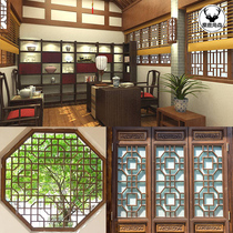 Dongyang wood carving Chinese antique hollow flower grid imitation door and window porch partition flower grid solid wood TV background wall customization