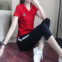 Sports Suit Womens Tide Cards 2022 Summer New Loose Fashion Ice Silk Short Sleeves Seven Pants Casual Wear two sets