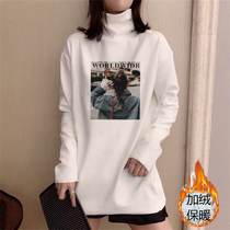 High collar long sleeve T-shirt female plus suede thickening medium long sweatshirt over hip inside lap bottom shirt pure cotton blouse autumn and winter
