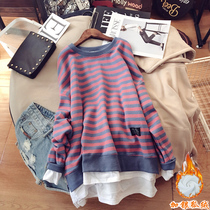 Pure cotton long sleeve T-shirt female blouses woman in the middle of the long section loose large code Spring and autumn Korean version tide winter plus suede thickened