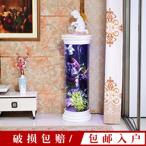 Cylindrical goldfish tank Living room free water mini European floor-to-ceiling ecological water family box size lazy household