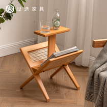 Nordic rattan choreography solid wood edge a few home small tea table living-room sofa corner a few floor shelves magazine book newspaper containing shelf