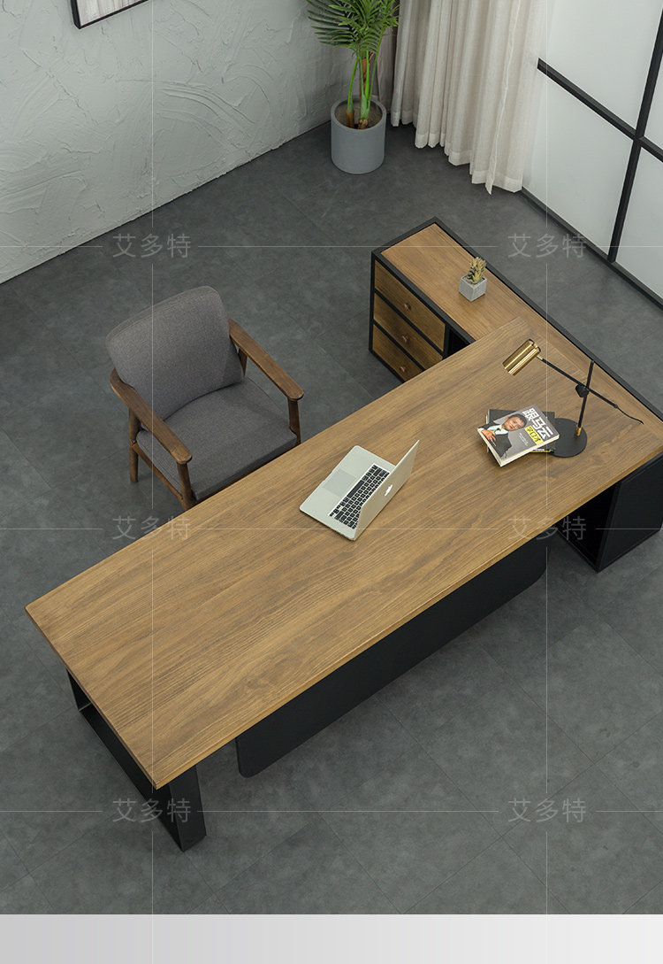 北欧实木老板桌办公室简约实木大板总裁桌l型大班台带侧柜老板桌_大