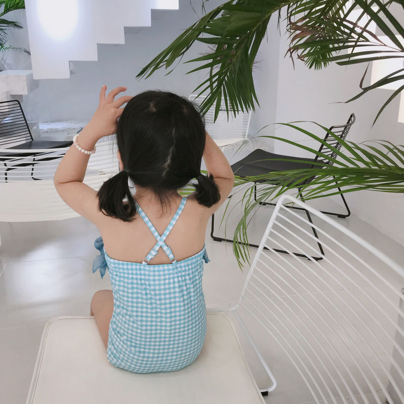 七色王国女童女宝宝小女孩婴儿后背交叉带清新格子荷叶花边吊带连体