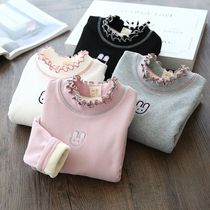 Girls base shirt plus velvet thick female baby coat small children autumn and winter clothing pullover long sleeve T-shirt warm