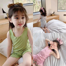 Childrens cotton vest loose thin girl Summer soft sleeveless pajamas home clothes air conditioning set new Tide